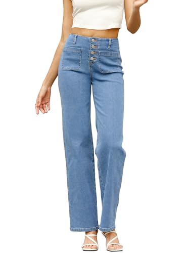 Sidefeel Women's Wide Leg High Waisted Stretchy Tummy Control Zimbaplatinum Jeans