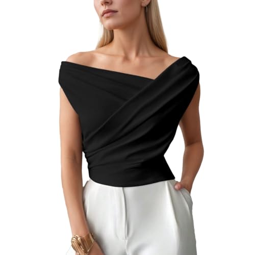 EMOTTOS Top Y2K Mujer, Tops Cortos Pliegues Cruzados, Sexy asimétrico Mangas Hombros Descubiertos Corte Ajustado, Tejido elástico Ligero Informal Mujeres Fiesta de Verano Negro, Tallas M