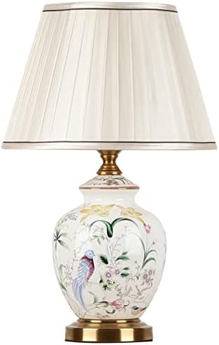 HATUO Chinoiserie Ceramic Table Lamp, American Flower&Bird LED Bedside Lamp, Classic White Fabric Lampshade Desk Nightstand Lamp for Bedroom Living Room Office College Bookcase