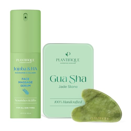 PLANTIFIQUE Serum Facial Coreano para Gua Sha Masaje con Vitamina C - Suero Antiedad, Antiarrugas y Antimanchas, 30 ml & Gua Sha Facial de Jade Auténtico - Masajeador Facial para Tonificar y Reafirmar