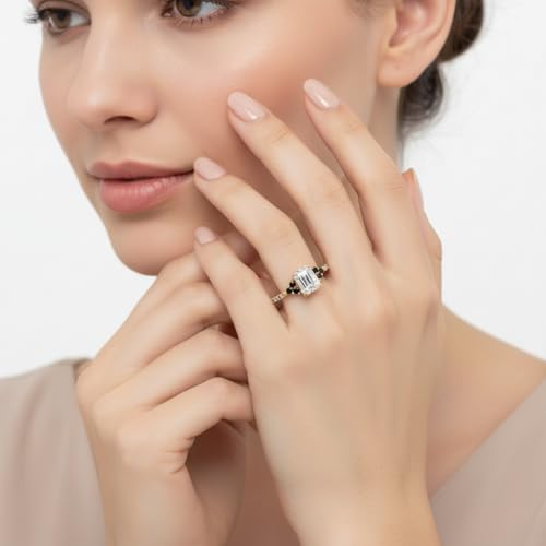 Image of Choose Your Gemstone Emerald Cut Petite Cathedral Diamond CZ Ring Yellow Gold Plated Emerald Shape Petite Engagement Rings for Women, Girls and Ladies US Size 4 to 12