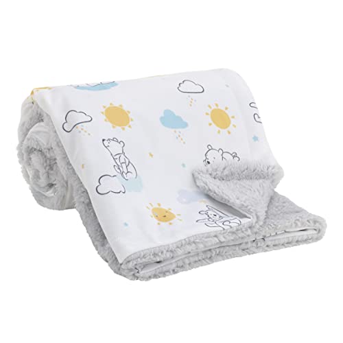 Couverture bébé Winnie l'ourson en velboa et sherpa jaune et turquoise