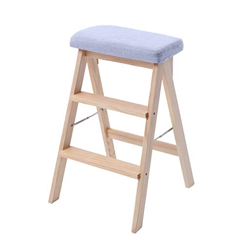 LWZ-Échelles Marchepieds escamotables Échelle en Bois Tabouret Multifonction Pliable Double Usage Anti-dérapant bibliothèque à Domicile 3 étapes 150kg capacité Lavable Pad (Nature Jambe Coussin Bleu) Cover