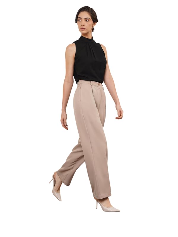 Image of FableStreet Women's Formal Trousers | High-Rise Pleated Wide-Leg Design | Solid Pattern with Plain Weave | Comfortable Office Wear for Business Meetings & Formal Events