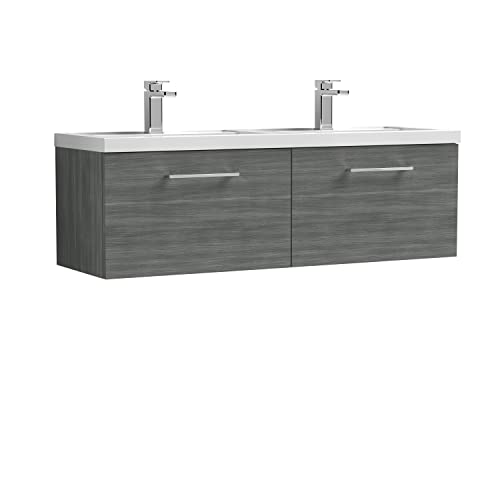 nuie ARN522C Arno Modern Bathroom Wall Hung 2 Drawer Double Vanity Unit with Twin Polymarble Basin, 1200mm, Woodgrain Anthracite