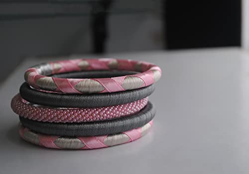 Pure Hands Encomium Beauty - Super Value Set Of 5 Handmade Powder-Pink & Steel Grey Bangles-For-Girls Handcrafted With Japanese Seed-Beads Flanked By Silk Bangles For Women #TOP4