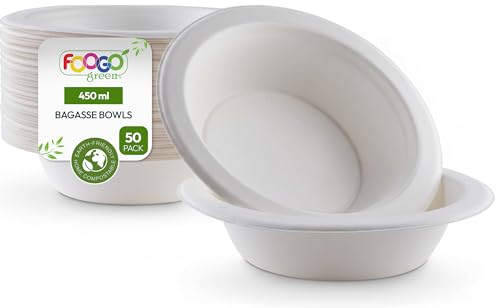 FOOGO Green 50 Disposable Sugarcane Bagasse Bowls, Medium 16oz (450ml), 7(18cm), for Soup, Salad & Desserts, Biodegradable Party, Like Bamboo, Wooden & Sturdy Paper Bowls for Hot Food