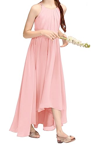 Galawaqe Fancy Girls Dresses Teen Junior Bridesmaid Dress Halter Neck Sleeveless Chest Pleated Backless Crossed Straps Dress Pink #TOP3