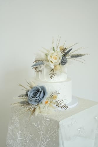 Set de dos toppers de boda con flores artificiales blancas y gris-azul miniatura 2