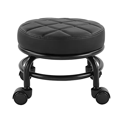 FURWOO Low Roller Seat PU Leather Rolling Stool Step Stool Mechanic Stool on Wheels for Home Office Garage Shop Black Cover