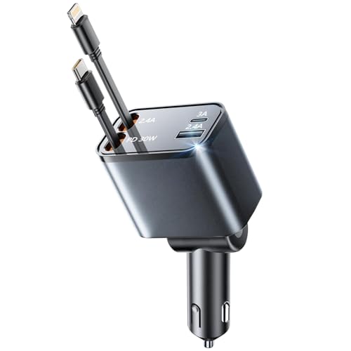 Retractable Car Charger USB C, 4 in 1 Retractable Car Charger with Cables, PD 69W USB C Car Charger Adapter, Fast Cigarette Lighter Adapter Car Phone Charging for iPhone 15/14 Pro Max,Androids