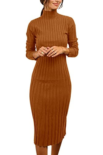 Image of MEROKEETY Women's Ribbed Long Sleeve Sweater Dress High Neck Slim Fit Knitted Midi Dress