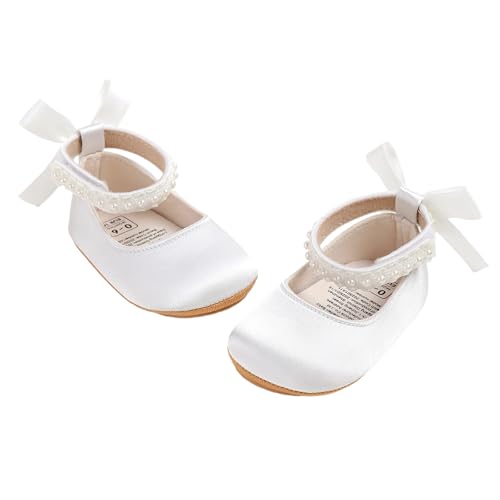Image of Baby Girl Mary Jane Flats Anti-Slip Soft Rubber Sole First Walking Infant Newborn Princess Wedding Dress Shoes 0-18 Months (Satin White, 6-12 Months)