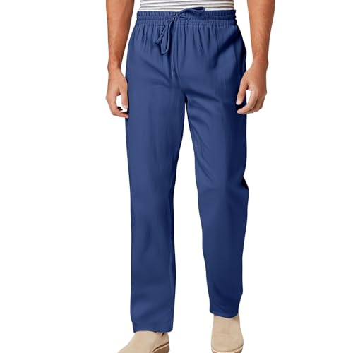Linen Pants Men Casual Summer Drawstring Waist Beach Pants with Pockets Lightweight Vacation Linen Trousers