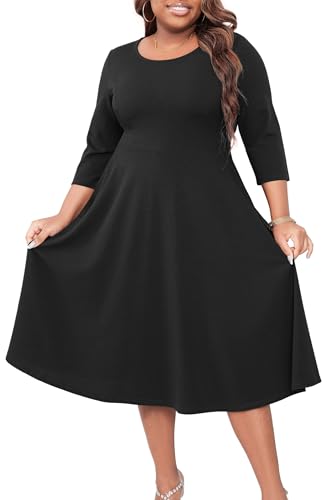 Runwind Women's Plus Size Midi Dress Classy High Waist Wedding Guest Dress Casual Crew Neck 3/4 Sleeve A-Line Swing Dresses2