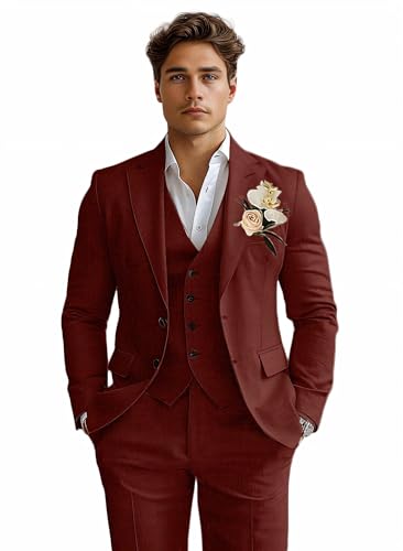Linen Mens Suits 3 Piece Slim Fit Tuxedo Suit for Men Beach Wedding Formal Business Suit Groom Prom Set OutfitsBurgundy XXS