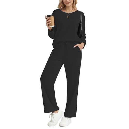 MAGICATELIER Women 2 Piece Matching Lounge Sets Long Sleeve Top Wide Leg Pants Pockets Travel Sweatsuit Casual Tracksuit