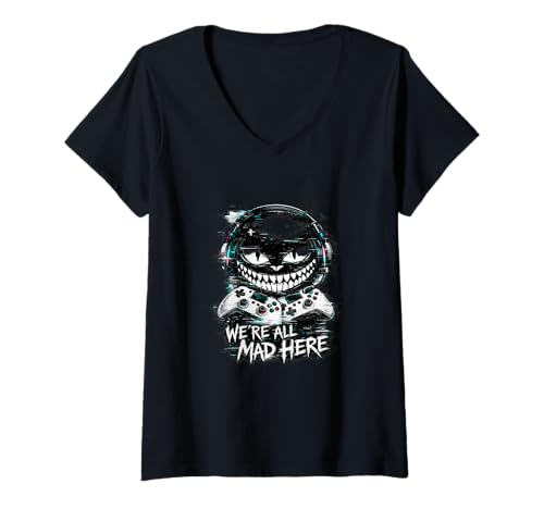 Femme We're All Mad Here Double Manette Glitch Gamer Smile T-Shirt avec Col en V