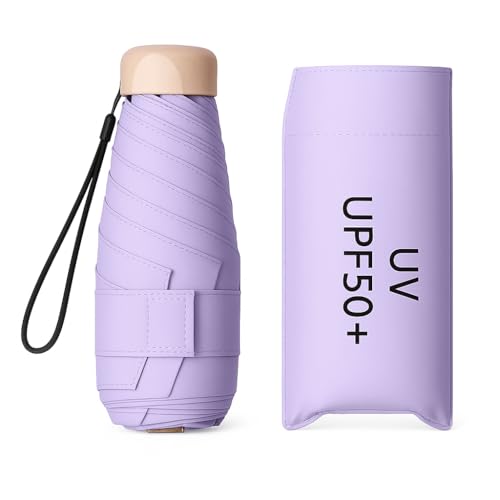 Image of WOOMZY UV Travel Mini Folding Ultra Compact pastel Umbrella with Case, Manual Open 6 Ribs Lightweight Portable, Small Sun & Rain Pocket Umbrella for Men and Women- Use in Rain & Summer (MINI - PURPLE)