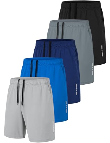 Zoofly Men's Sport Gym Shorts Quick Dry Workout Running Activewear Basketball Shorts with Pockets 5 Pack, Black/Dark Grey/Navy/Light Grey/Blue, XXL