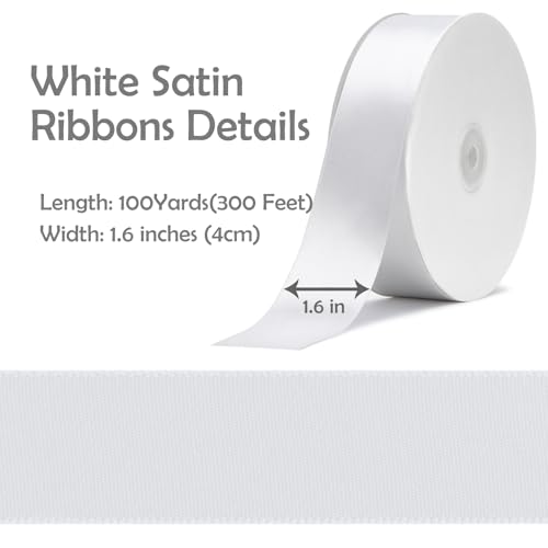 1.5 Inch x 100yds Satin Ribbon Solid Fabric Ribbons Roll for Gift Wrapping,Floral,Balloons,Craft Sewing,Valentine\'s Day,Wedding,Birthday Party Decoration(White)
