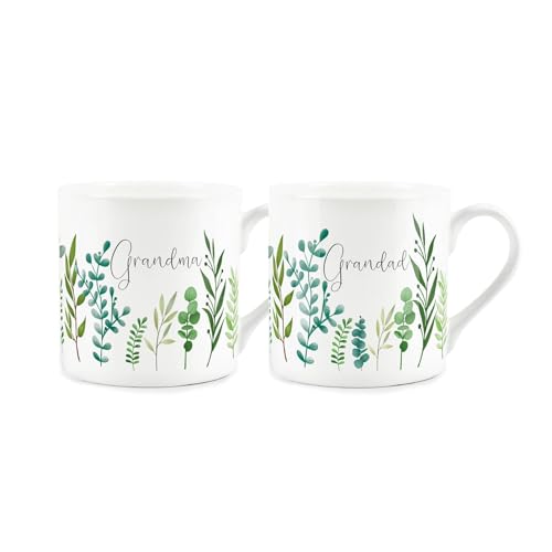 Purely Home Grandma & Grandad Mug Set - Ferns & Greenery Garden Themed Gifts for Grandparents Bone China Mugs Set of 2 - Tea/Coffee Hot Drinks Cups Present
