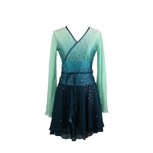 DIJITOO Vestido de patinação artística, fantasia retrô gradiente brilhante strass competição, collan