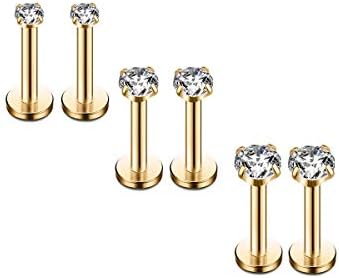 16G Diamond CZ Lip Rings Labret Monroe Nose Tragus Helix Ear Piercing Jewelry Surgical Stainless Steel 2/3/4mm CZ 8mm Bar Length 3 Pairs Set (3 Pairs Gold - Bar:8mm; CZ:2-4mm)