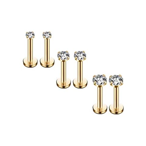 16G Diamond CZ Lip Rings Labret Monroe Nose Tragus Helix Ear Piercing Jewelry Surgical Stainless Steel 2/3/4mm CZ 8mm Bar Length 3 Pairs Set (3 Pairs Gold - Bar:8mm; CZ:2-4mm) Cover