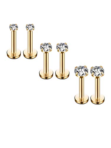 16G Diamond Cz Lip Rings Labret Monroe Nose Tragus Helix Ear Piercing Jewelry Surgical Stainless Steel 2/3/4Mm Cz 8Mm Bar Length 3 Pairs Set (3 Pairs Gold - Bar:8Mm; Cz:2-4Mm) #TOP23