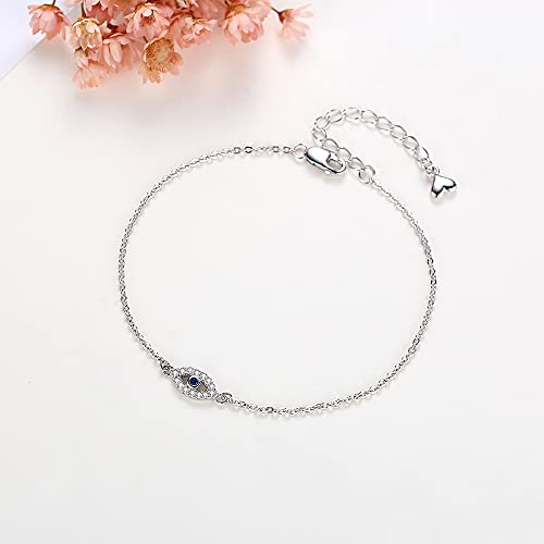Image of Hamsa Evil Eye Bracelet 925 Sterling Silver Cubic Zirconia Anklet for Women Chain Adjustable 6.3in+1.6in
