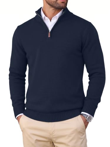 Image of Hisir Men's Jumpers Quarter Zip Knitted Sweater, Navy Blue, M