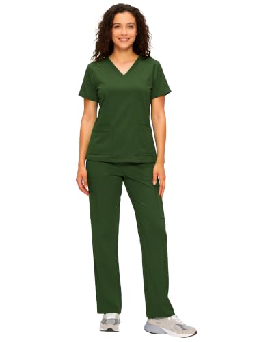 COZYFIT Scrubs for Women - V Neck Top & Cargo Straight Pants 12 Pockets | Water Resistant, Side-Slit Hem, Easy Care, Workday Utility, For Nurses, Clinics, Long Shifts, Daily Medical Uniforms