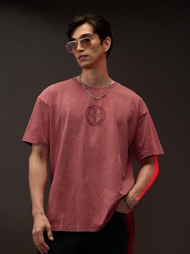 Image of The Souled Store Official Deadpool: Anti-Hero Men and Boys Short Sleeves Round Neck Pink Graphic Printed Cotton Oversized T-Shirts