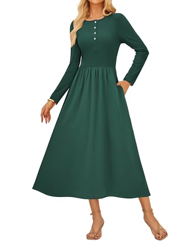 Kleider Damen Elegante A-Linie Langarm Midi Strickkleid Damen Herbst Festliche Kleider für Damen Hochzeit Dunkelgrün S