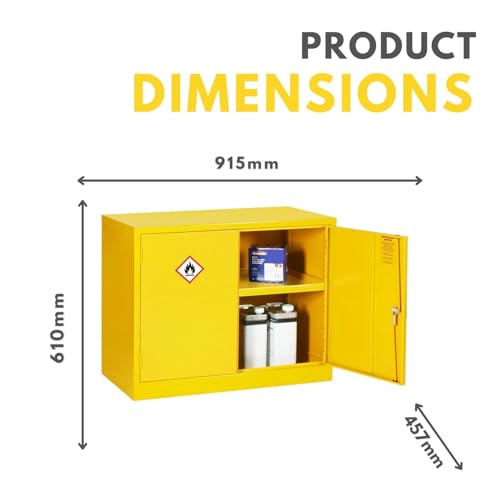 Mini armario COSHH para productos químicos inflamables, almacenamiento de seguridad de 1 estante, diseño amarillo de alta visibilidad