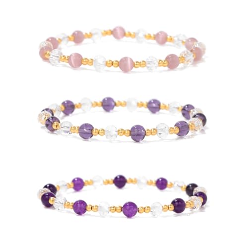 Konxi 3 Stück Echtes Naturstein Armband, Naturstein Perlen Stretch Armbänder, Edelsteine Armband Set, Chakra Armbänder Steine für Frauen Männer Teens (Lila)