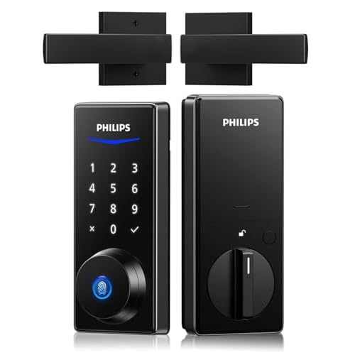 Philips Front Door Lock Set, Electronic Fingerprint Lock with 2 Lever Handles, Keyless Entry Door Lock with Handles, Auto Locking, Fingerprint Unlock, Touchscreen Keypad with Key Matte Black