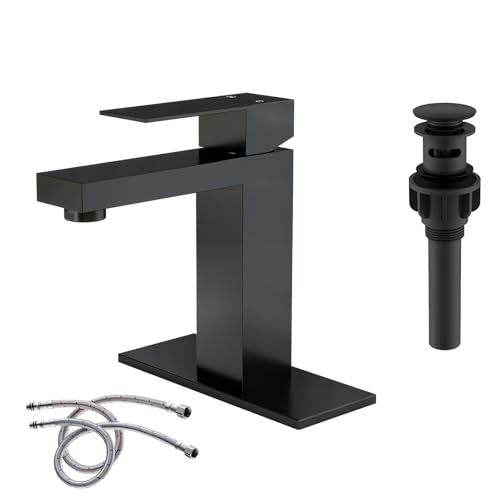 Fransiton Matte Black Bathroom Faucet Single Hole with Pop-Up Bathroom Drain Single Handle Bathroom Sink Faucet w/Deck Plate(1 or 3 Hole) for Vanity Sinks, RV, Farmhouse