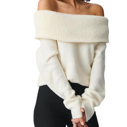 Women Off Shoulder Sweaters Solid Long Sleeve Knitted Blouses Trendy Slim Fitted Ribbed Knit Pullover Streetwear
