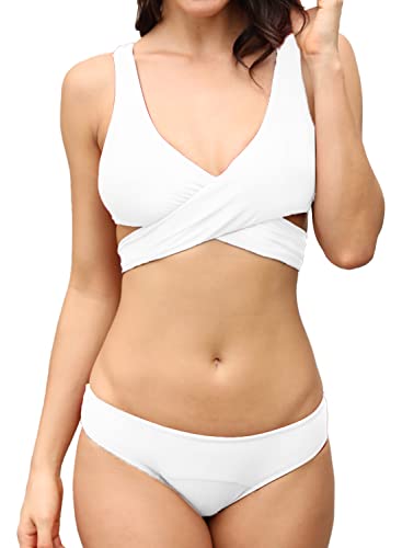 ZAFUL Damen Bügel gerippt Push Up Bikini Set Tie Side Bademode(Weiß,M)