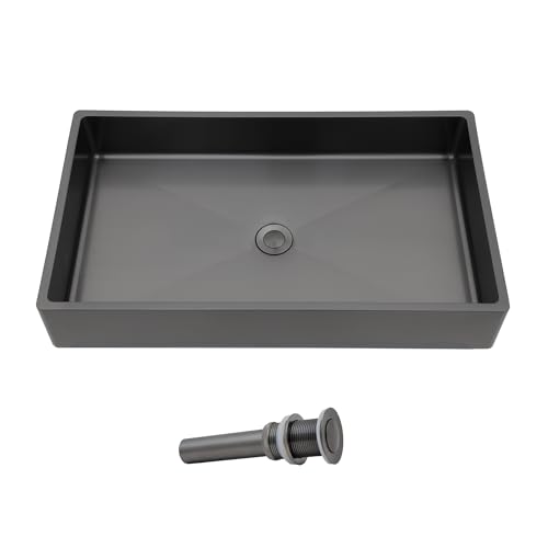 Black Vessel Sink Stainless Steel - Fulorni 24"x14" Bathroom Vessel Sink Gunmetal Black 16 Gauge Nano Titanium Plating Above Counter Rectangle Vanity Lavatory Bath Sink Basin