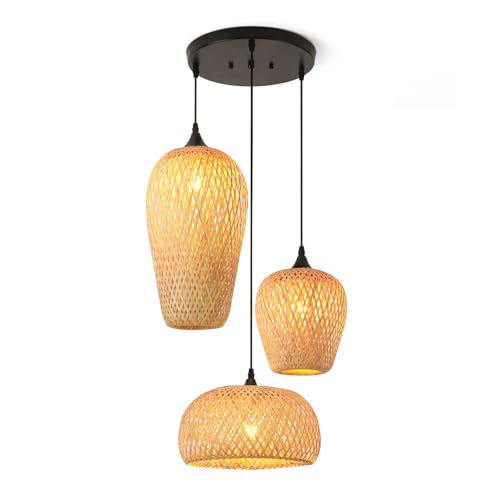 Schindora Lustre Salon Bambou 3-LumièRe,Vintage Suspension Luminaire Boho Cuisine DéCoration Lampe E27 Tissé à La Main Luminaires IntéRieur For Chambre Salon Cabane
