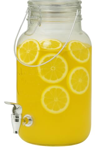 Dispensador de bebidas de cristal, 4 litros con grifo y tapa, recipiente para agua, zumos, cócteles, té frío, para fiestas y barbacoas, 29 x 16 cm Dispensador de bebidas de cristal, 4 litros con grifo y tapa, recipiente para agua, zumos, cócteles, té frío, para fiestas y barbacoas, 29 x 16 cm