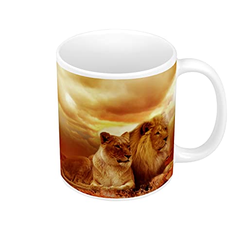 French Unicorn Mug Tasse Soleil Levant sur un Couple de Lions Vie Sauvage