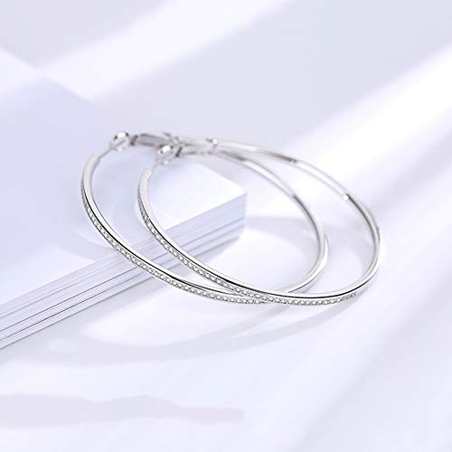 Large Sterling Silver Hoop Earrings Big Cubic Zirconia Cz Hoops Earrings 50Mm For Women(Rhodium) #TOP2