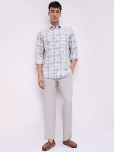 Image of Colorplus Men Regular Fit Checks Pattern Pure Cotton Plain Collar Full Sleeve Casual Shirt