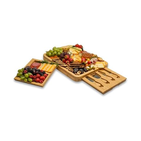 Demin Design Bamboo Charcuterie Board Set, Bamboo Cheese Board Set - House Warming Gifts, Wedding Gifts, Bridal Shower Gift, Valentine's Day Gift Cover