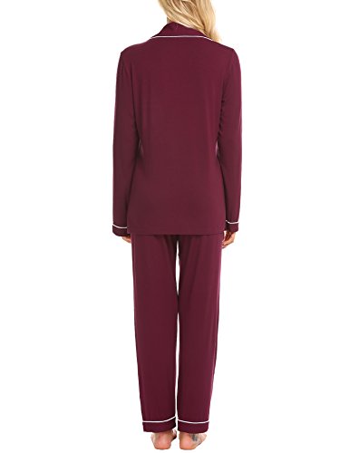Ekouaer Women's Long Sleeve Pajama Set Classic Button Up Sleepwear Set (Wine Red,L)