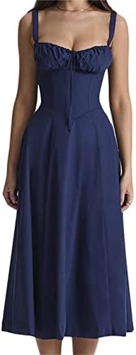 Women Sleeveless Floral Maxi Dress Spaghetti Strap Square Neck Low Cut Elegant Bustier Midi Sunress for Partywear Streetwear （Blue, M）
